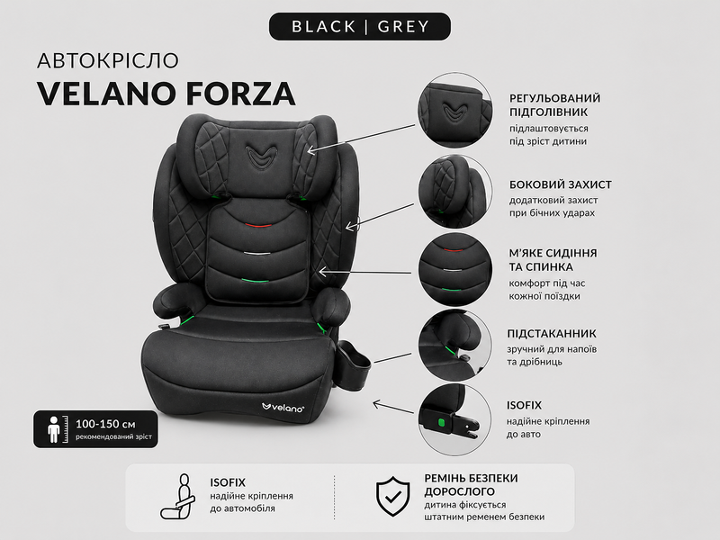 Автокрісло VELANO Forza 2 в 1 i-Size 100&ndash;150 см, ISOFIX, grey 48412 фото