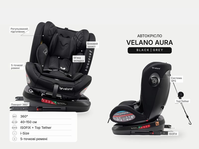 Автокрісло VELANO Aura 360&deg; i-Size 40&ndash;150 см, ISOFIX, black 48415 фото